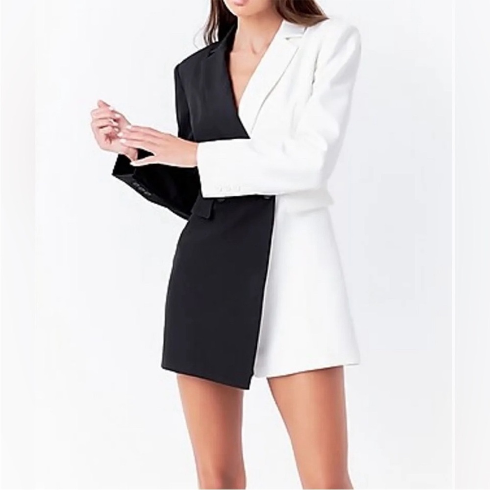 Anthro Endless Rose Blazer Romper Black White Long Sleeve Double Breasted L NEW